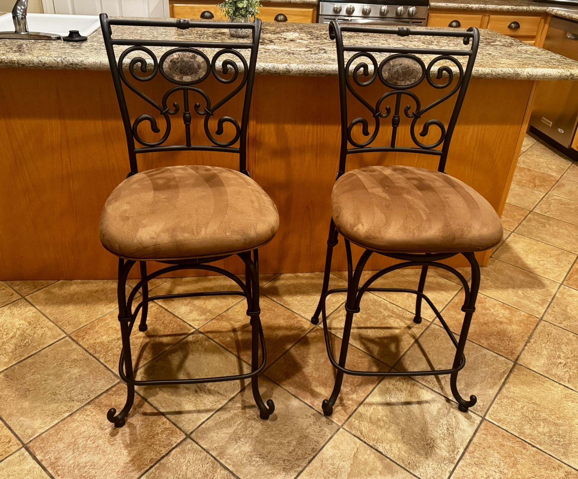 2 Swivel Bar Stools – Metal Scroll Design w/ Suede Seats