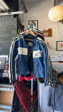Alpinestars leather jacket iconic brand. Blue and white design is classic.