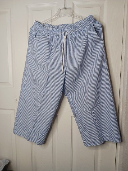 Women Cotton Linen Nautical Blue White Stripe Wide Leg Size Large Y2K Beachy 80s