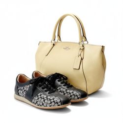 (2) Women's Size 9M COACH Noell’s Canvas Leather Signature Print Sneakers/Purse Crossbody style. The Coach purse is missing Zipper grip. ALL SOLD AS-I