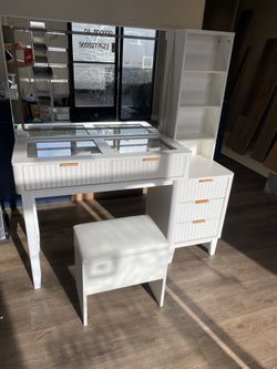 Vanity Desk with Mirror and LED Lights, Makeup Table with 5 Drawers and Storage Shelves Stool Included