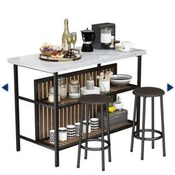 3 Piece Dining Table Set, Faux Marble with 2 Tier Storage Shelves and Bar Stools, White