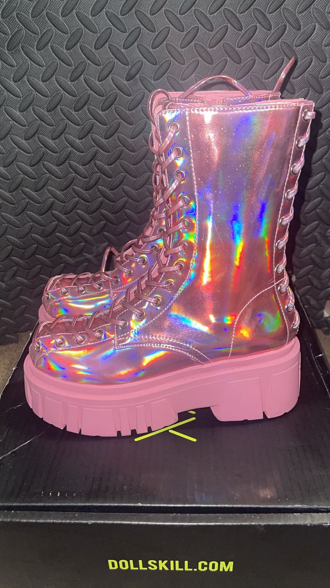 Dolls Kill Pink Holographic Boots 