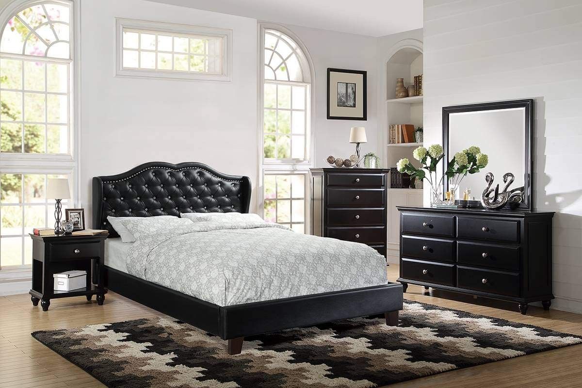 BLACK FINISH  5 PIECE QUEEN SIZE BEDROOM SET BED DRESSER CHEST NIGHTSTAND MIRROR - JUEGO DE RECAMARA