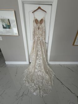 Elegant Lace Mermaid Wedding Dress – Champagne/Nude with Ivory Lace – Stunning Train