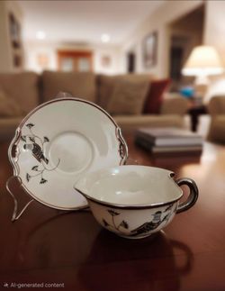 vintage ceramic set, possibly from the 1990s, features a distinct silver overlay