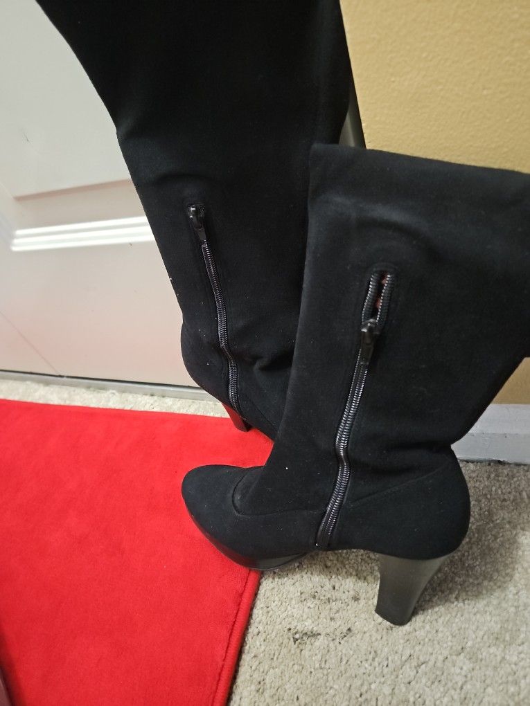 Black Boots, Heel 3.95, almond toe, synthetic,  and zipper on inside of boot.