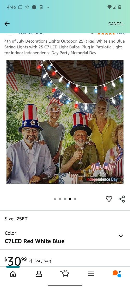 4th of July Decorations Lights Outdoor, 25F: Red White and Blue String Lights with 25 C7 LED Light Bulbs, Plug in Patriotic Light for Indoor Independe