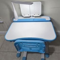 Kids Art Desk & Chair Set - Adjustable Height Drafting Table with 40-Degree Tilt, LED Light, Bookstand - Blue