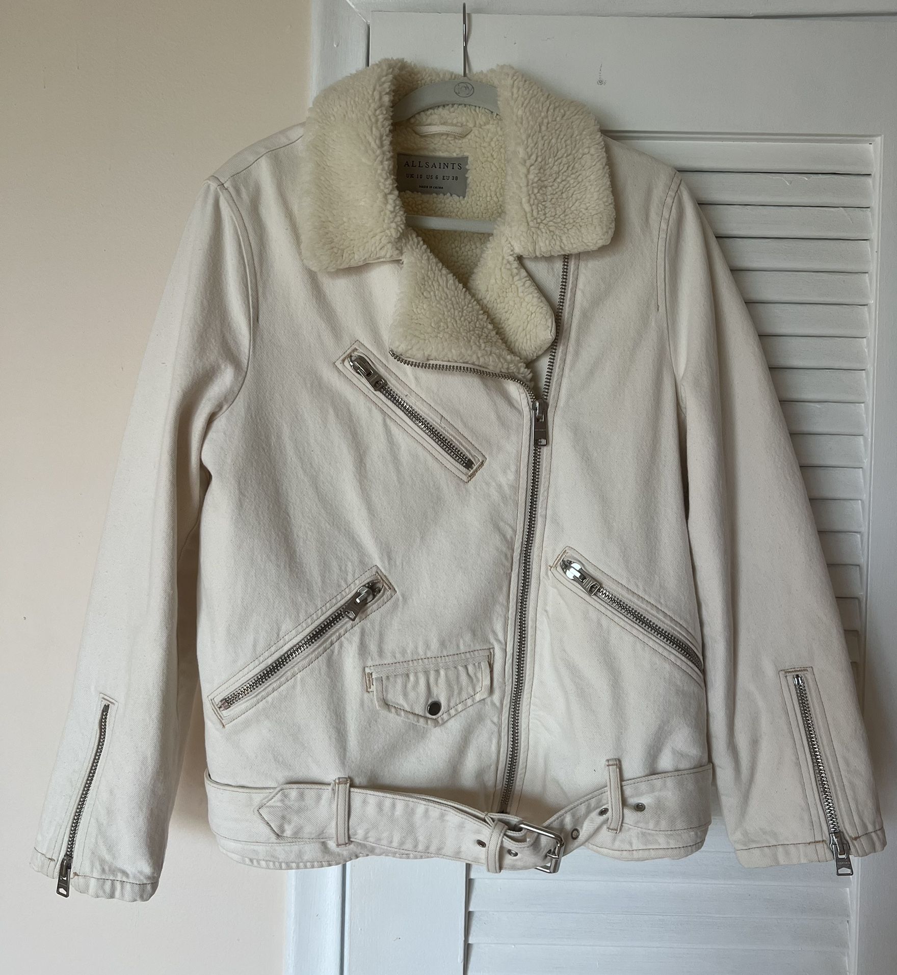 ALLSAINTS Women's Natural White Faux Sherpa Lining Denim Biker Jacket Size US6
