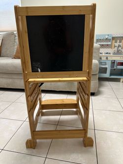 Kids Bamboo Art Easel / Learning Tower with Whiteboard, Chalkboard & Magnetic Activity Board