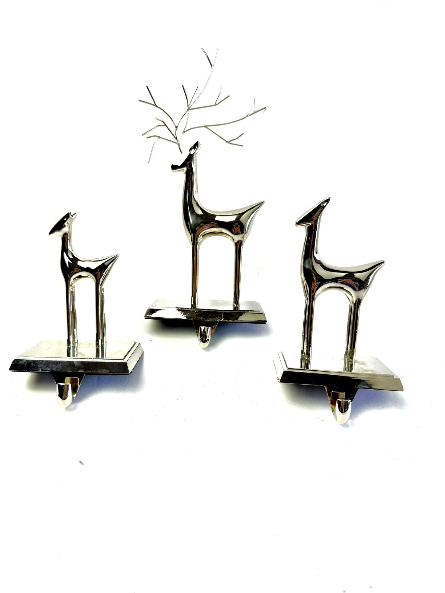 Vintage Reindeer Family Metal Christmas Stocking Holders Silver Heavy Set of 3