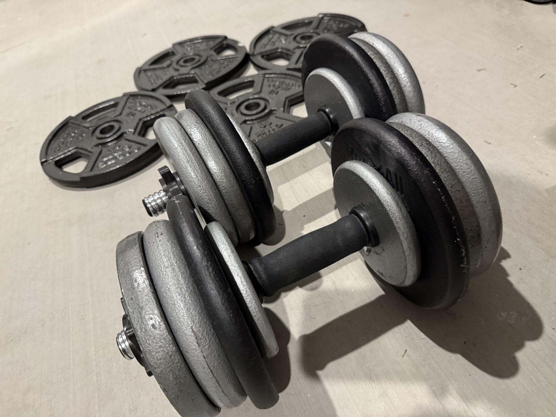 Adjustable Dumbbell Set + Barbell + Cast Iron Weight Plates (1-Inch)