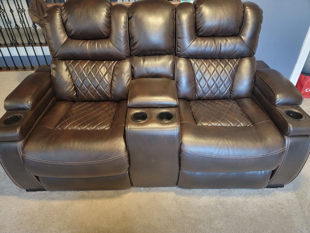Ashley Furniture Warnerton Power Reclining Leather Sofa & Loveseat Set – Brown