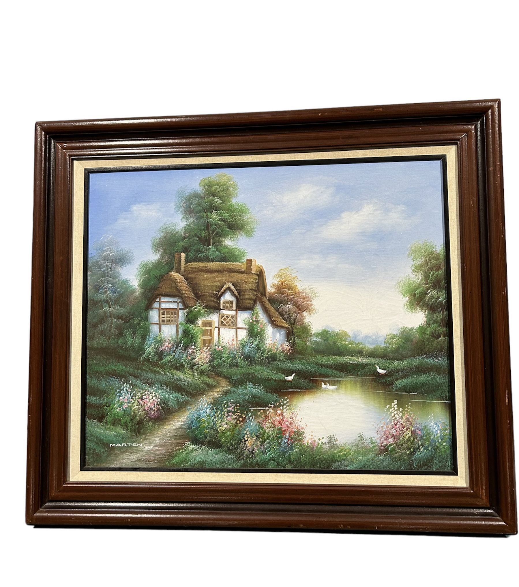 Original Artist MARTEN OIL On Canvas Cottage Garden Country Scene vintage