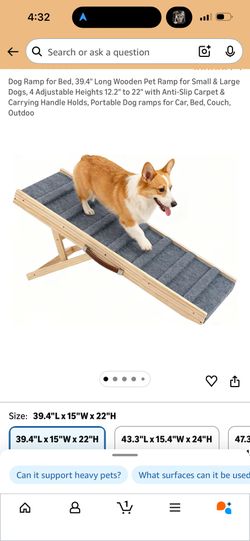 Dog Ramp for Bed, 39.4" Long Wooden Pet Ramp for Small & Large Dogs, 4 Adjustable Heights 12.2" to 22" with Anti-Slip Carpet & Carrying Handle Holds, 