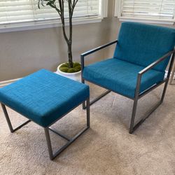 Teal Upholstered Accent Chair + Ottoman Set