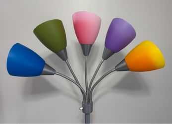 Adjustable Gooseneck Floor Lamp with a silver metal base and multicolored plastic shades