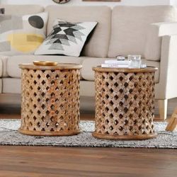 Round lattice carved wood accent table