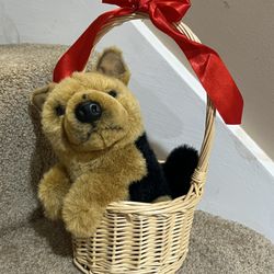Wicker Basket W/ Dog Plush 10” tall