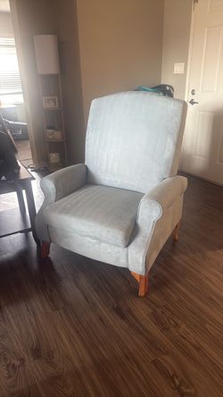 Light Blue Upholstered Armchair with Wood Legs