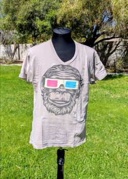 Ames Bros Retro Monkey w/3D Movie Glasses V-Neck Beige Large Cotton Shirt GUC