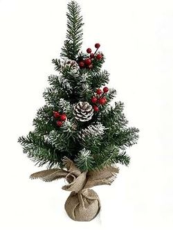 Tabletop Mini Christmas Tree in Burlap Base w/Frosted Tips, Red Berries & Pinecones, 22"