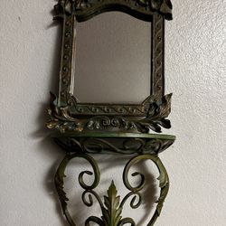 Ornate Vintage Metal Wall Mirror w/ Shelf – Entryway or Bathroom Decor