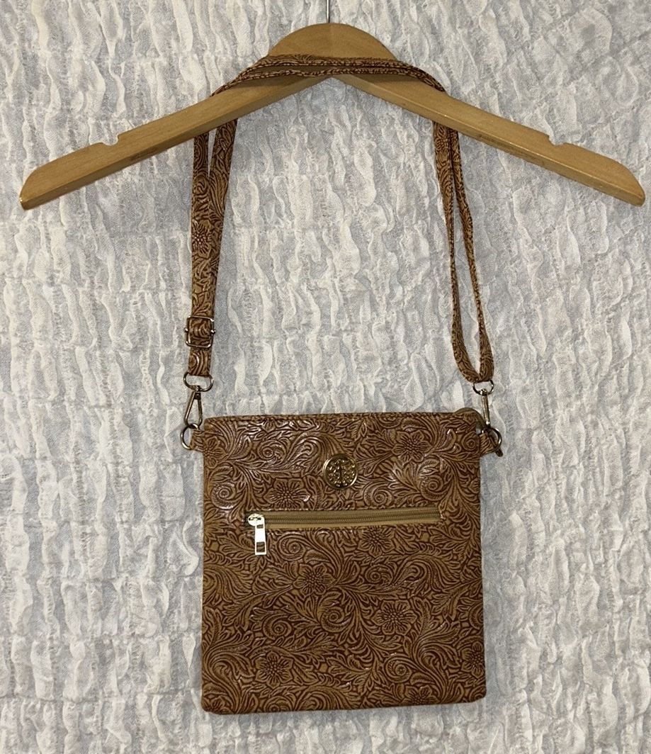 Engraved Faux Leather Crossbody Bag, Lined, Detachable Strap
