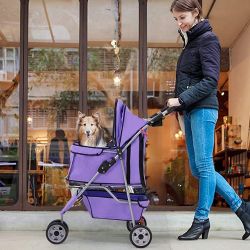 3 Wheel Pet Stroller, Crate for Small Medium Dogs, Cats, and Cats, Foldable, Waterproof, with Cup Holders and Removable Liner, Purple