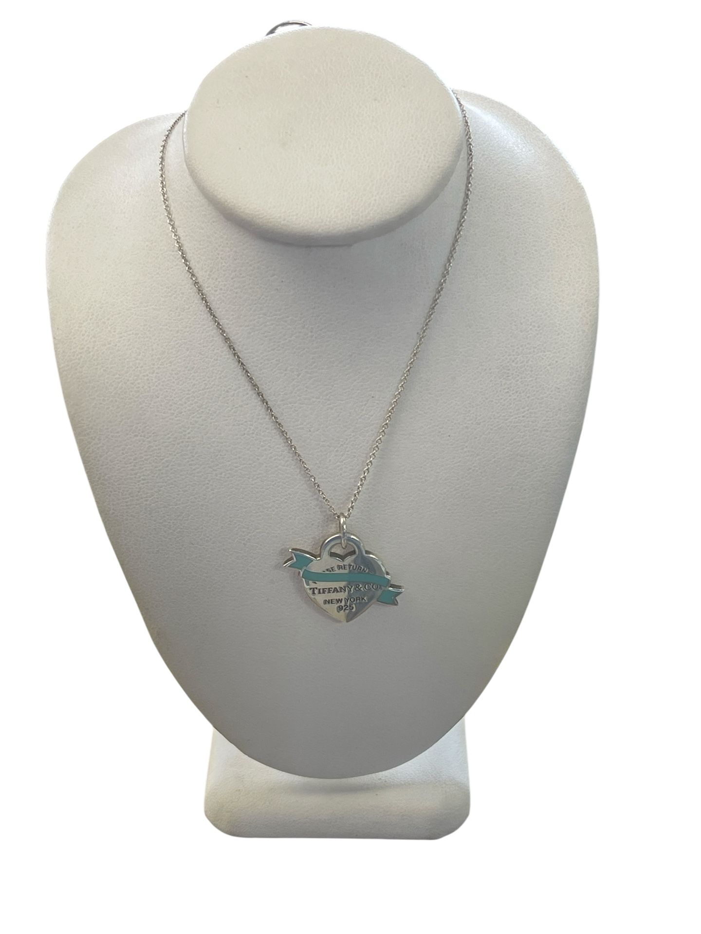 Tiffany & Co. Blue Enameled Banner Heart Tag Pendant with Chain