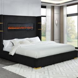 🔥Brand New Upholstered Black King & Queen Size Fireplace Bed With BT Speakers & Charging Ports | Pay After Delivery 🚚 