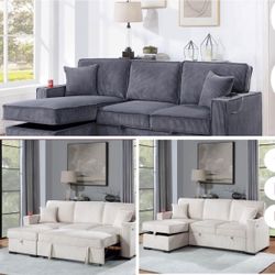 $379. 2-P Convertible Sectional  Sleeper Sofa W/ Cupholder Sofa Storage & USB Ports  89”x 59”X36”H