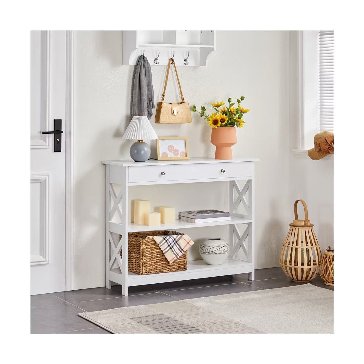Wooden Console Table Entryway Table with 1 Drawer and 2 Open Shelves
