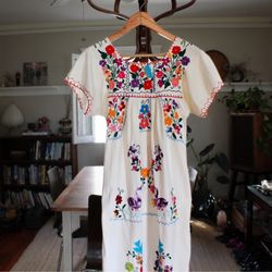 Vintage 1970's Hand Embroidered Mexican Floral Dress, Size XS
