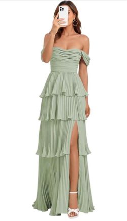 Tiered Bridesmaid Dresses for Women Off Shoulder Ruffle Chiffon Formal Wedding Guest Dress with Slit