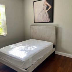 West Elm Full Size Bed Tall Nailhead Upholstered Headboard, Nailhead Upholstered Bed Frame Mattress