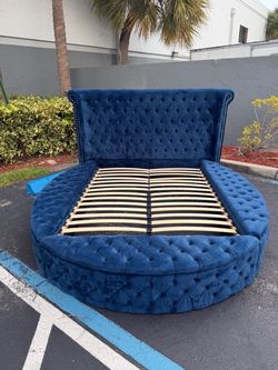 Beautiful royal blue plush pillow top queen size bedframe modern contemporary plush