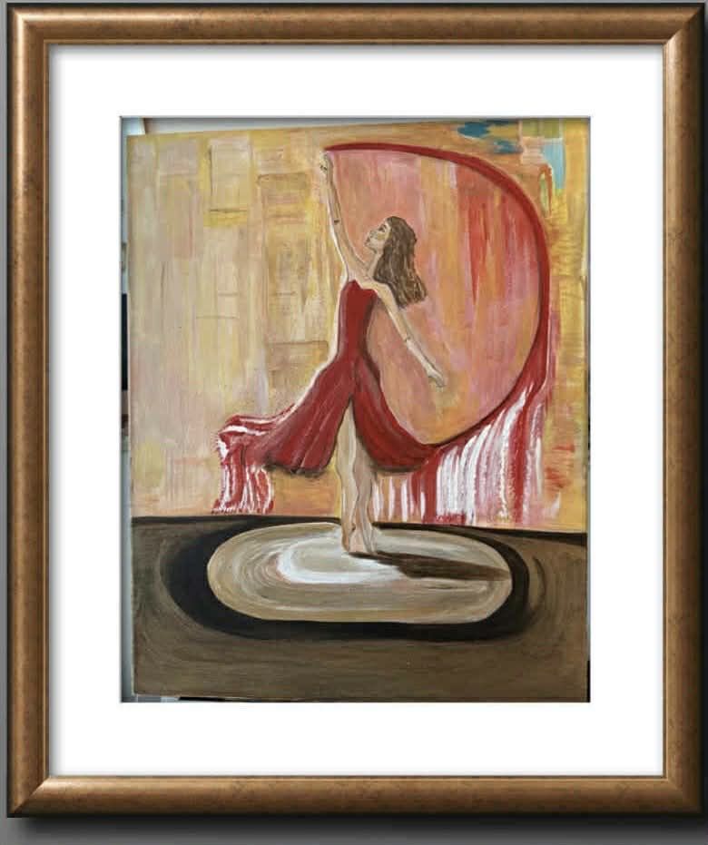Original Framed Canvas Painting - Elegant Red Dancer Art