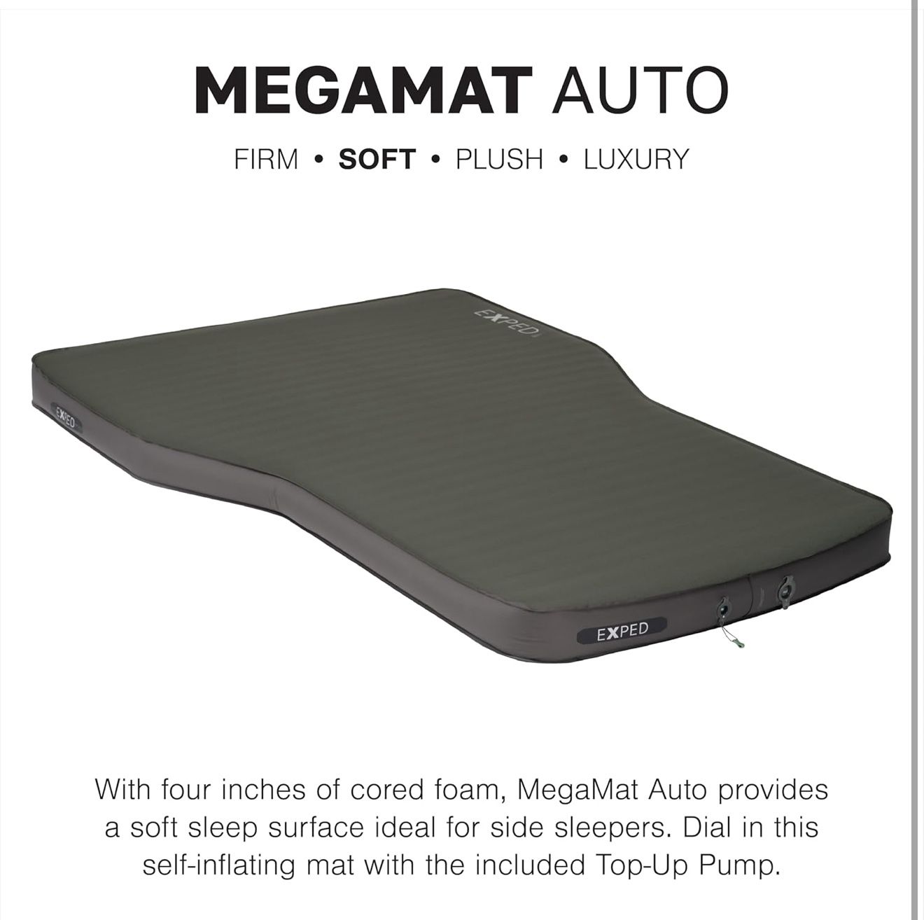 Exped MegaMat Auto - Self Inflating Soft Car Sleeping Mat, 4” Foam Pad, Wheel Cutouts, Pump Included