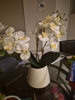 Artificial Orchid Arrangement in White Pot
