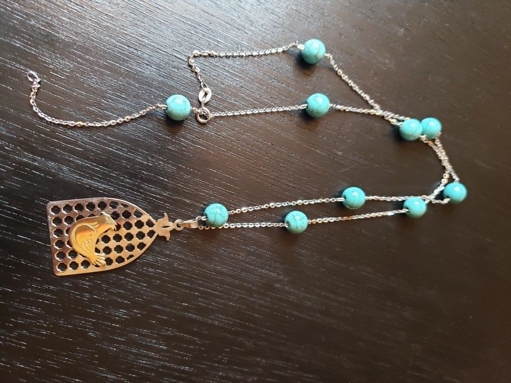 Blue Turquoise Beaded Necklace With Bird Pendant