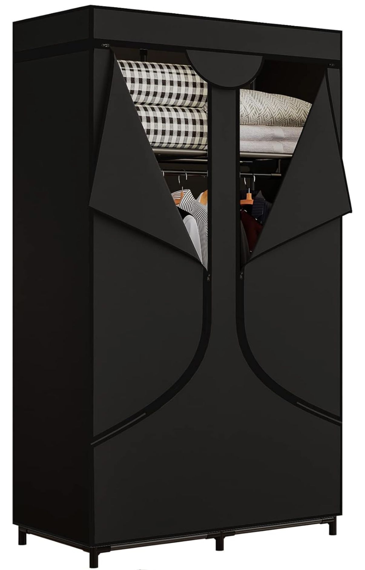 Portable Wardrobe Closet Storage Organizer Metal Hanging Rack Non-Woven Fabric 34 Inch Black