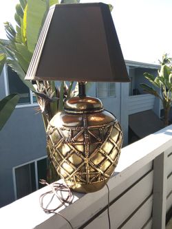 Fancy Gold And Brown Ceramic Masculine Lamp Bone Design Undertalers Taboratories, Jac LISTED PORTABLE LAMP ISSUE NO. C-2032 