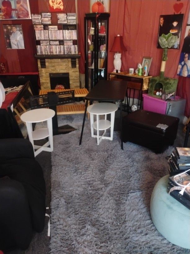Wood Bench .TV Swivel Holder .Black Table Long.2 White End Tables And Brown Automan Has Storage Inside Also All For Only 25 .Automan Brown Is