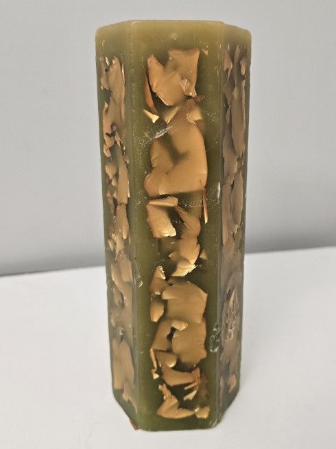 Vintage Hallmark Green With Gold Leaf 9" Pillar Candle MCM Unburned 9x3 1970s