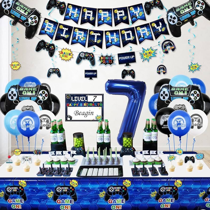 NEW- Video Game Party Decorations - 7th Birthday Decorations for Boys, HAPPY BIRTHDAY Banner, Video Game Balloons, Number 7 Blue Balloons, Gaming Hang