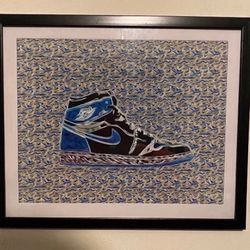 Blue And black Nike Air Jordan 1 Art Piece On black frame