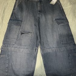 H&M Baggy Cargo Jeans 38x32 Denim Blue Brand New W Tags