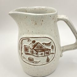 VTG Onion River Pottery 8oz Maple Syrup Pitcher Creamer Vermont White Speckled Brown Log Cabin Woods